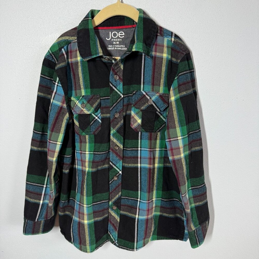 Joe Fresh Boys Flannel Button Up Shirt Medium‎ Green/Blue Plaid Chest Pockets
